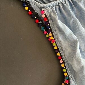 Altar'd State Denim Tank Top with Multicolor Pom Poms